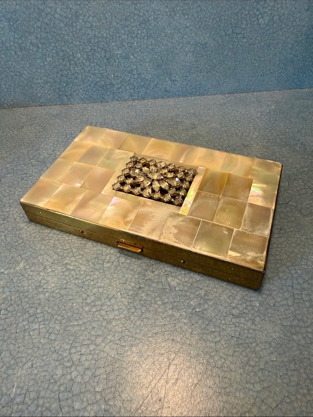 1940’s Mother of Pearl and Rhinestone cosmetic / Cigarette Clutch